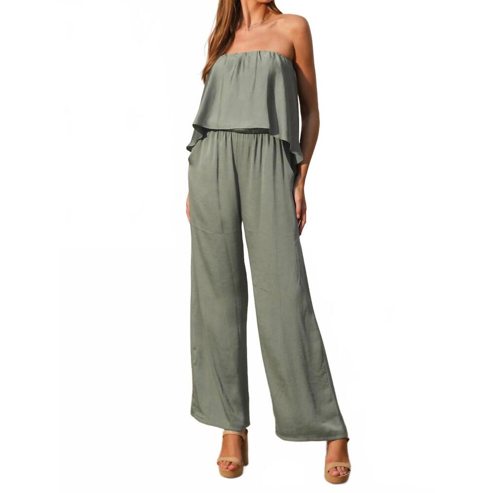 NEW KLD. SIGNATURE satin cascade strapless jumpsuit in green